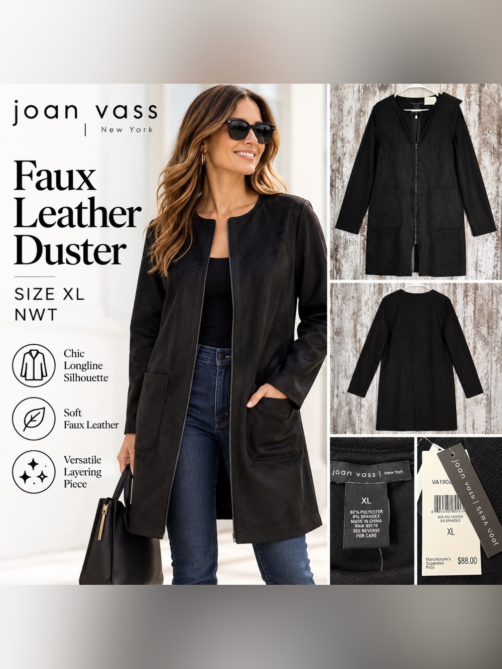 Joan Vass New York Faux Leather Duster Jacket Black Women’s XL NWT